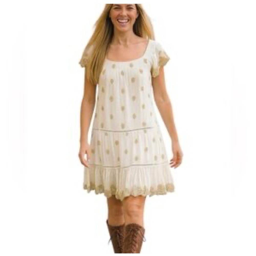 Muche‎ & Muchette White Gold Embroidered Tiered Boho Babydoll Dress O/S READ